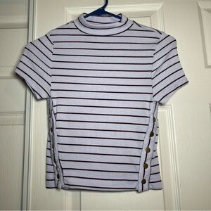 We The Free Mock Neck Lavender Stripped Side Snap Button Short Sleeve T-shirt XS